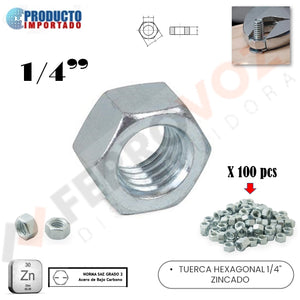 TUERCA HEXAGONAL 1/4" ZINCADO ( 310 GR = 100 PCS APROX )