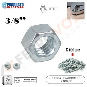 TUERCA HEXAGONAL 3/8" ZINCADO (  667 GR = 100 PCS APROX )