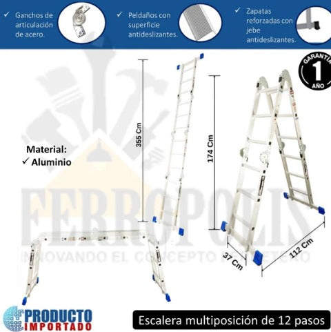 ESCALERA MULTIUSO MULTIPÓSICION 150 KG 12 PASOS ALUMINIO