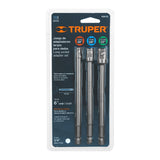 JUEGO DE 3 ADAPTADORES LARGOS PARA DADOS DE 1/4, 3/8 Y 1/2' TRUPER