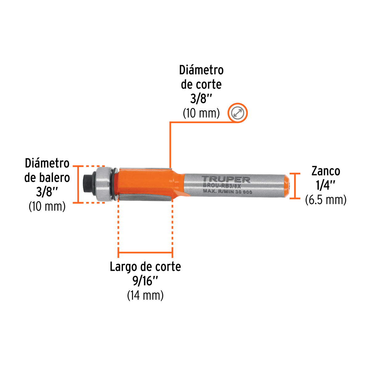 BROCA PARA ROUTER, CORTE RECTO, 3/8' CON BALERO, TRUPER – FERROVOZ IMPORT