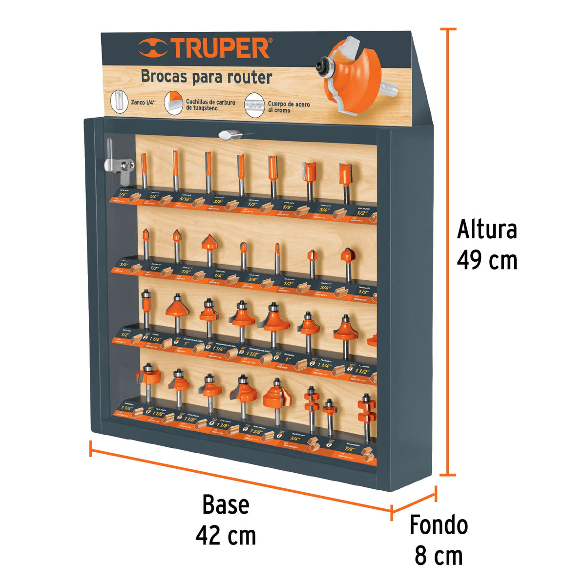 EXHIBIDOR CON 30 BROCAS PARA ROUTER, TRUPER – FERROVOZ IMPORT