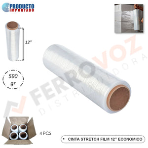 CINTA STRETCH FILM 12" X 20 UM X  590 GR X  (4 PCS ) ECONOMICO