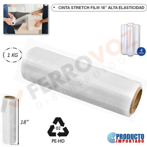 CINTA STRETCH FILM 18" X 1.00 KG X ( 4 PCS) ALTA ELASTICIDAD