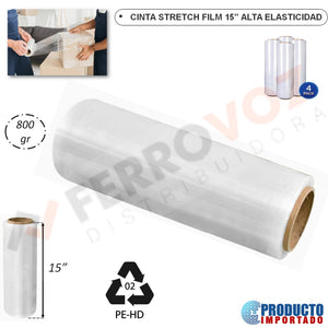 CINTA STRETCH FILM 15" X 20UM  800 G (4 PCS)  ALTA ELASTICIDAD