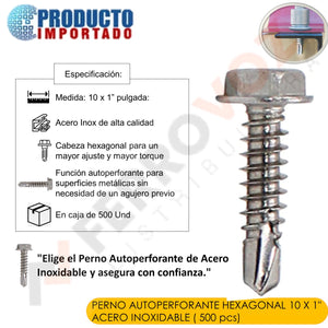 PERNO AUTOPERFORANTE HEXAGONAL 10 X 1" ACERO INOXIDABLE ( 500 pcs )