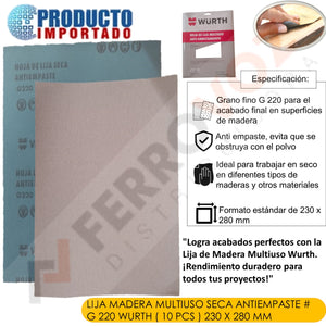 LIJA MADERA MULTIUSO SECA ANTIEMPASTE  # G 220  WURTH ( 10 PCS ) 230 X 280 mm