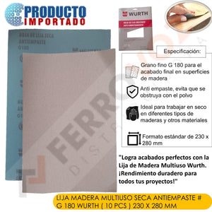 LIJA MADERA MULTIUSO SECA ANTIEMPASTE  # G 180  WURTH ( 10 PCS ) 230 X 280 mm