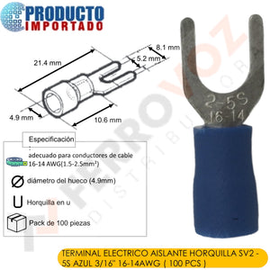 TERMINAL ELECTRICO  AISLANTE HORQUILLA SV2 - 5S AZUL 3/16" 16-14AWG ( 100 PCS )