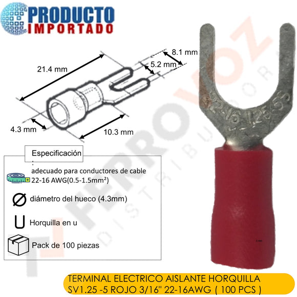 TERMINAL ELECTRICO AISLANTE HORQUILLA SV1.25 -5 ROJO 3/16