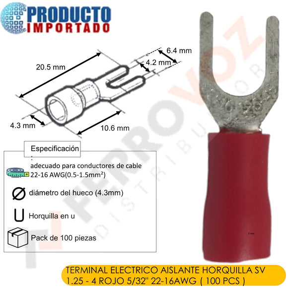 TERMINAL ELECTRICO AISLANTE HORQUILLA SV 1.25 - 4 ROJO 5/32