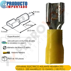 TERMINAL ELECTRICO  AISLANTE HEMBRA STD FDD5.5 - 250 AMARILLO 12-10AWG ( 100 PCS )