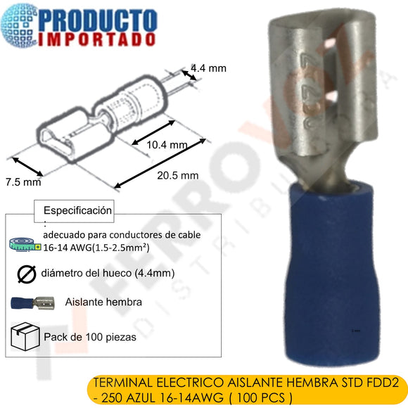 TERMINAL ELECTRICO  AISLANTE HEMBRA STD FDD2 - 250 AZUL 16-14AWG ( 100 PCS )