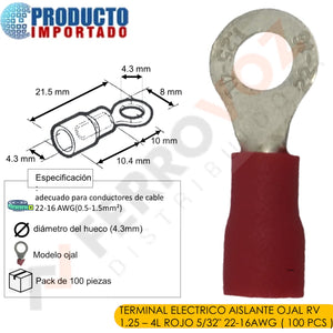 TERMINAL ELECTRICO AISLANTE OJAL RV 1.25 - 4 ROJO 5/32" 22-16AWG ( 100 PCS )