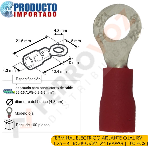 TERMINAL ELECTRICO AISLANTE OJAL RV 1.25 - 4 ROJO 5/32