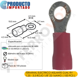 TERMINAL ELECTRICO AISLANTE OJAL RV 1.25 - 3.5 ROJO 1/8" 22-16AWG ( 100 PCS )