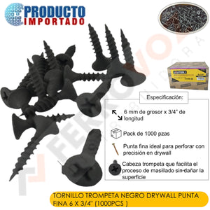 TORNILLO TROMPETA NEGRO DRYWALL punta fina 6 x 3/4" (1000pcs )