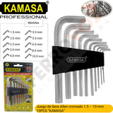 JUEGO DE LLAVE ALLEN CROMADO 1.5 - 10mm 10PCS " KAMASA "