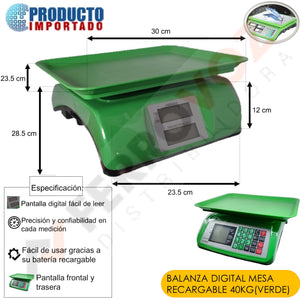 BALANZA DIGITAL MESA RECARGABLE  40 KG  (VERDE)