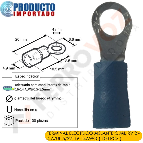 TERMINAL ELECTRICO AISLANTE OJAL RV 2 - 4 AZUL 5/32