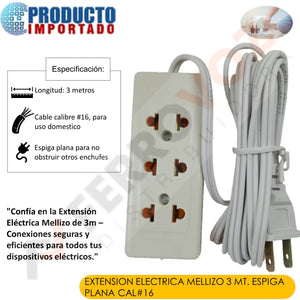 EXTENSION ELECTRICA MELLIZO 3 mt. ESPIGA PLANA CAL#16