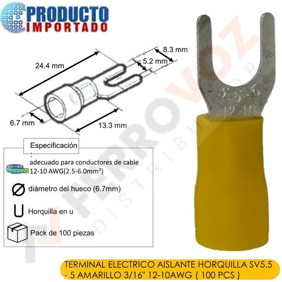 TERMINAL ELECTRICO AISLANTE HORQUILLA SV5.5 - 5 AMARILLO 3/16