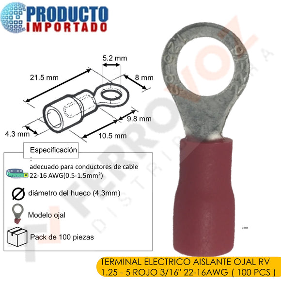 TERMINAL ELECTRICO AISLANTE OJAL RV 1.25 - 5 ROJO 3/16