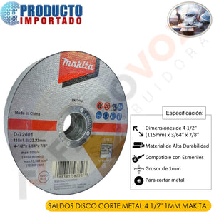 OFERTA DISCO CORTE METAL INOX 4 1/2"  1mm " MAKITA "