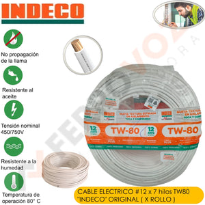 CABLE ELECTRICO 7 HILOS #12 /TW-80 COBRE NACIONAL  3.820 KG. (100 METROS) "INDECO ORIGINAL"