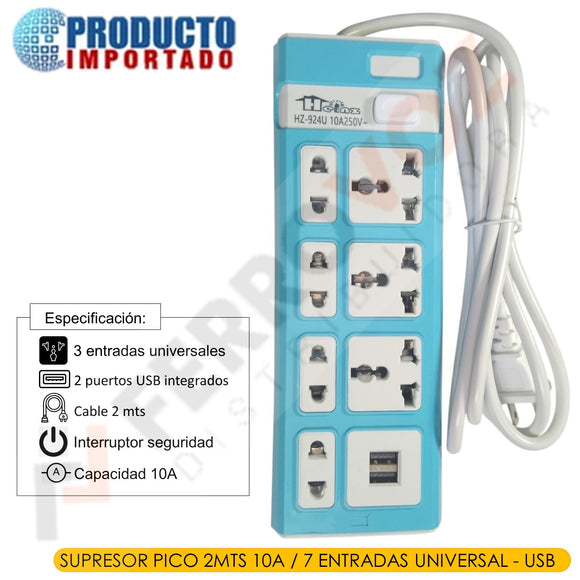 SUPRESOR PICO 2MTS 10A / 7 ENTRADAS UNIVERSAL - USB