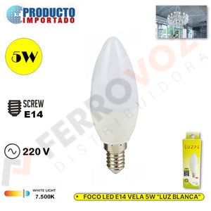 FOCO LED E14 VELA 5 W LUZ BLANCA  7500K ALTO LUMEN