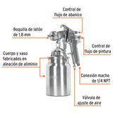 PISTOLA P/PINTAR SUCCIÓN HVHP VASO ALUM, 1.8MM, 3 VÁL TRUPER