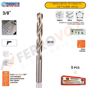 BROCA METAL 5% COBALTO 3/8" (5 PCS) "HB-CISER"