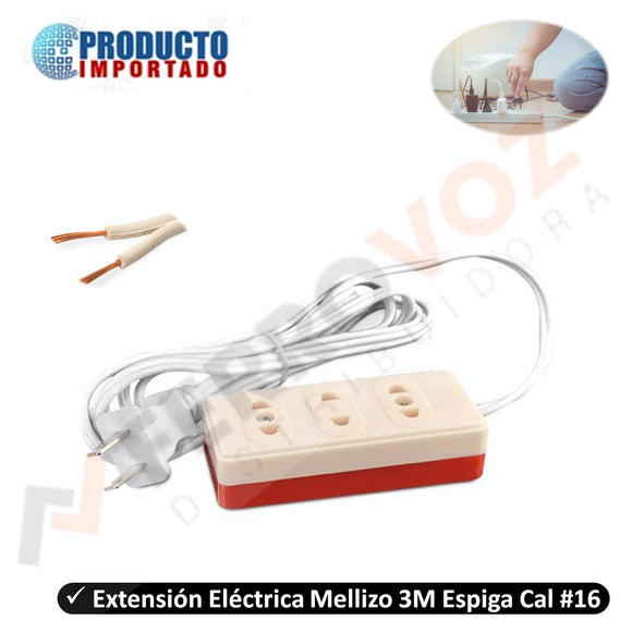 EXTENSION ELECTRICA MELLIZO 3 mt. ESPIGA plana CAL#16