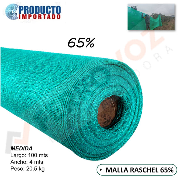 ROLLO MALLA RASCHEL VERDE  65%  4mts x 100mts (19.5KG)