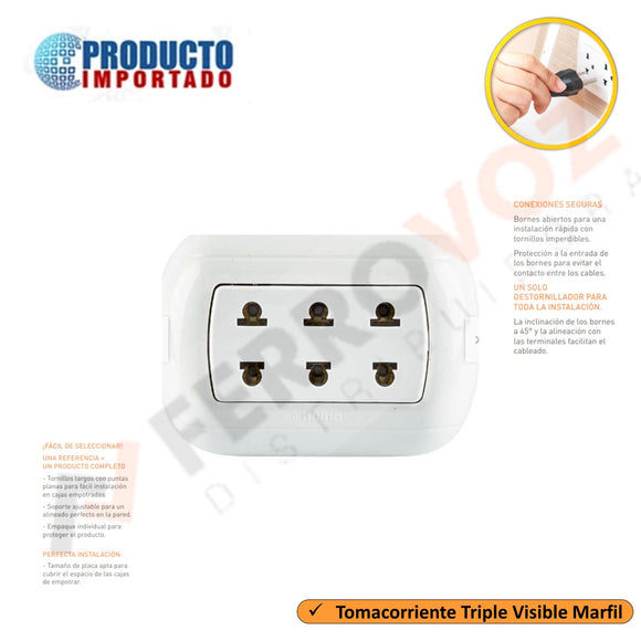 TOMACORRIENTE TRIPLE VISIBLE OVAL MARFIL MODELO BTICINO